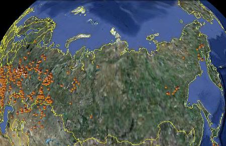 Схема мест лесных пожаров на утро 11 августа 2010 года в России по данным пожарной информационной системы FIRMS. Пожары отражены внемасштабными знаками, поэтому схема дает представление о местах горения, но не о площади, охваченной огнем